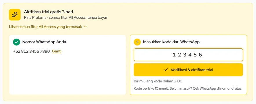 Masukkan 6 digit kode dari WhatsApp lalu Verifikasi & aktifkan trial; kirim ulang tersedia setelah 2 menit