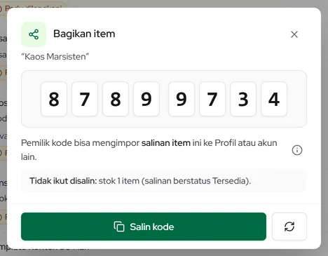 Bagikan item: kode 8 angka untuk menyalin Produk & Jasa ke Profil lain