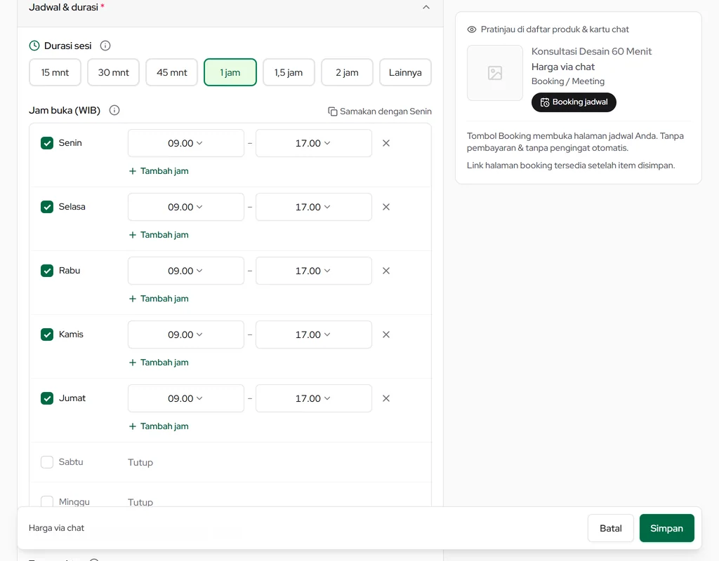 Tambah Booking / Meeting: durasi, jam buka per hari, dan tempat pertemuan