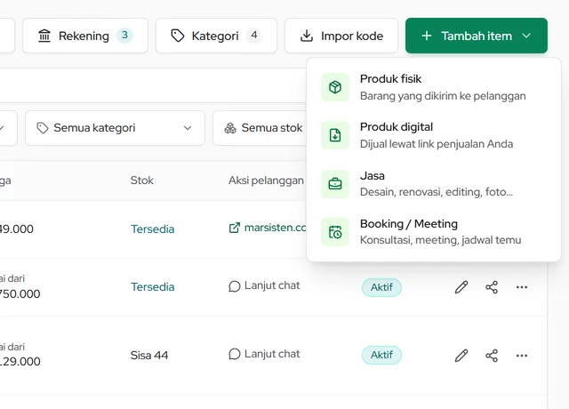 Menu Tambah item: Produk fisik, Produk digital, Jasa, atau Booking / Meeting
