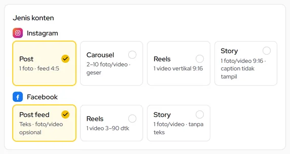 Jenis konten per platform: Instagram Post dan Facebook Post feed