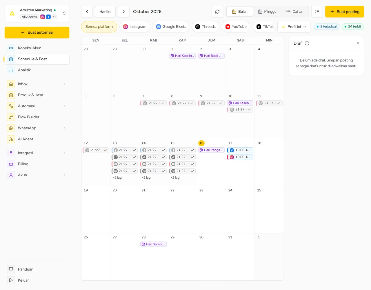 Kalender bulan: tampilan Bulan/Minggu/Daftar, saring per platform, posting terjadwal & yang sudah terbit