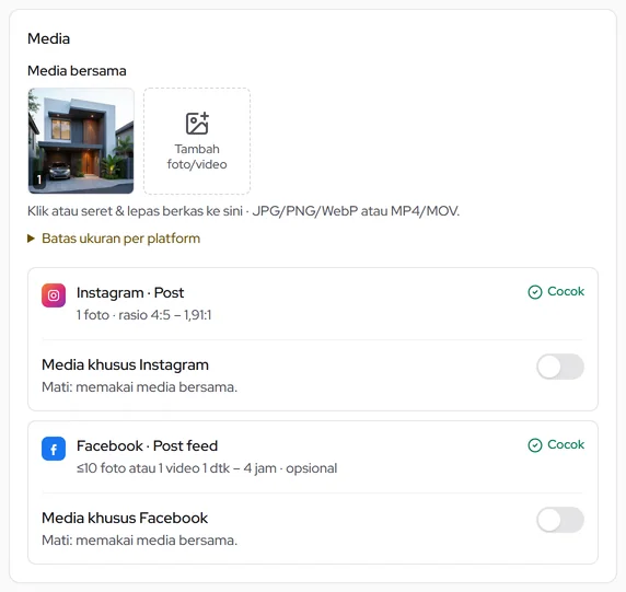 Media bersama: foto terunggah, status Cocok per platform