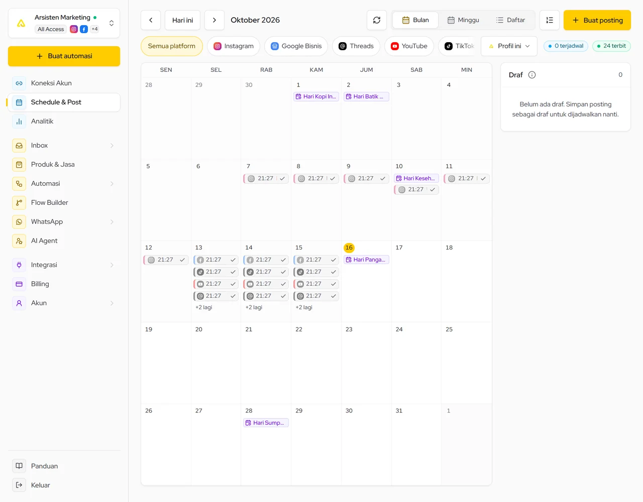 Menu Schedule & Post di sidebar dan tombol Buat posting