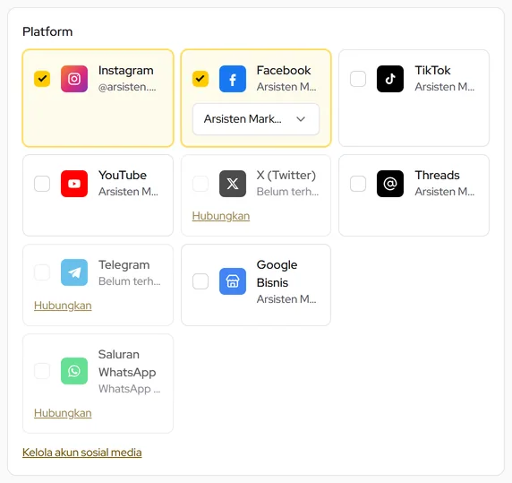 Pilih platform: centang Instagram dan Facebook (pilih Halaman Facebook)