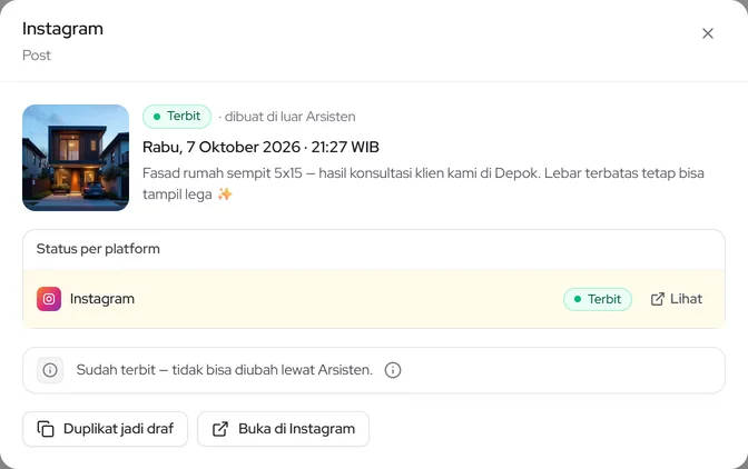 Posting yang sudah terbit: status per platform, Duplikat jadi draf, dan Buka di platform