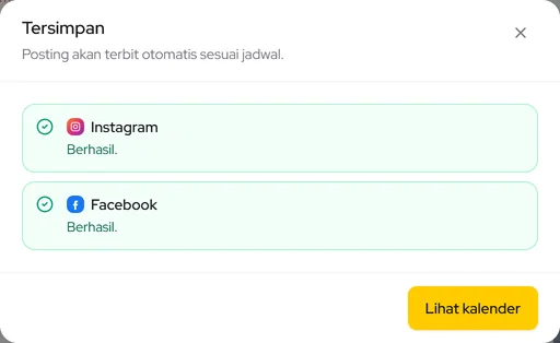 Tersimpan: posting akan terbit otomatis sesuai jadwal — status per platform