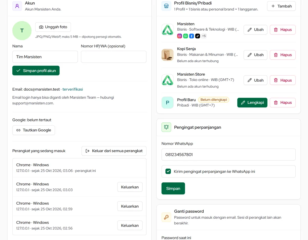 Pengaturan Profil Bisnis/Pribadi: daftar Profil dengan Ubah, Hapus, dan Tambah; pengingat perpanjangan dan ganti password