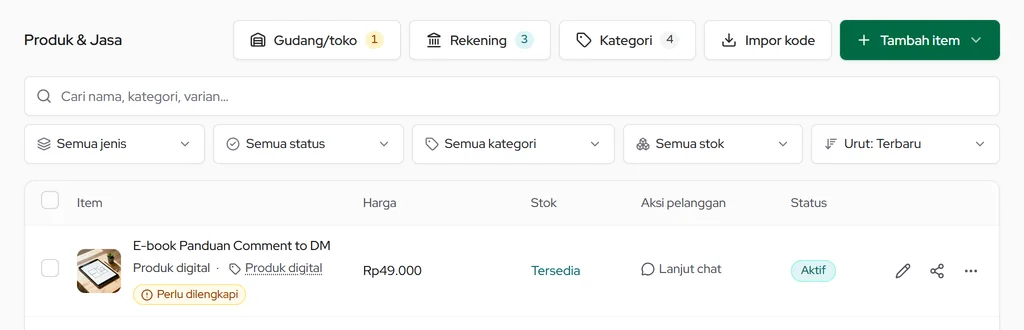 Bilah saringan di desktop: kolom cari dan pilihan saringan berbentuk tombol
