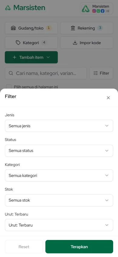 Saringan di ponsel: tombol Filter membuka lembar pilihan dengan Reset dan Terapkan