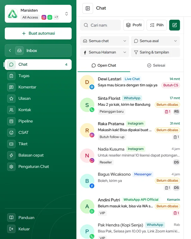 Folder Inbox terbuka di sidebar: tombol kembali dan daftar fitur di dalamnya