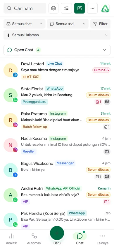 Tampilan ponsel: bilah navigasi bawah dengan Analitik, Automasi, tombol +, Chat, dan Lainnya
