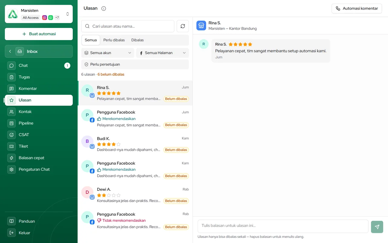 Halaman Ulasan: ulasan Google Bisnis dan rekomendasi Facebook dengan kolom balasan