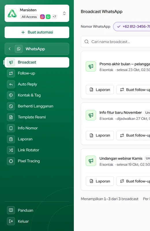 Folder WhatsApp di sidebar: Broadcast, Follow-up, Auto Reply, Kontak & Tag, Berhenti Langganan, Template Resmi, Info Nomor, Laporan, Link Rotator, Pixel Tracing