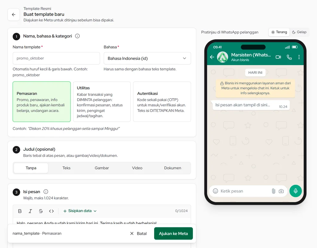 Buat template baru: nama, bahasa, kategori, judul, isi pesan, catatan kaki, tombol, dan pratinjau WhatsApp
