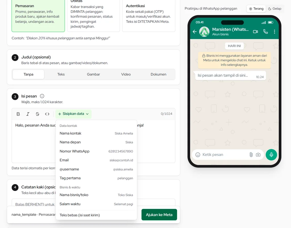 Isi pesan template dengan tombol Sisipkan data: nama, nomor, email, dan data kontak lain terisi otomatis per kontak